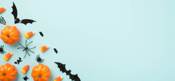 istock Top view photo of halloween decorations small pumpkins candy corn spiders web witch and bats silhouettes on isolated pastel blue background with copyspace 1337367182