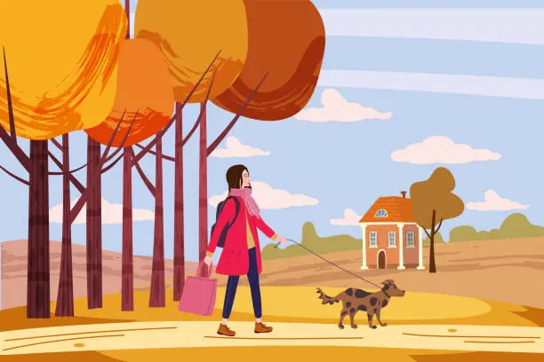 Vector illustration of Young woman walks the dog in the autumn city park. Trendy fashionable look with pet, fall mood. Vector illustration banner