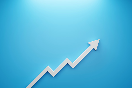 Arrow sign growth on blue background. Business development to success and growing growth concept. 3d illustration