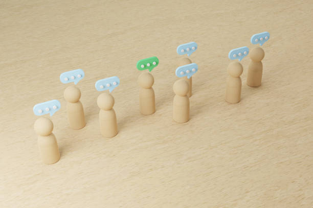 istock Wooden people figure with chat bubble speech above head. Discuss and comment in community. Customer share opinion and feedback. 3d illustration 1337368903