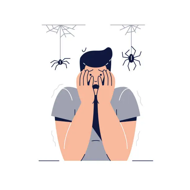 Arachnophobia, Fear of Spiders concept. Scared Frightened Man Character with hands on the face is afraid of Spiders. Irrational Fears, Phobia, Panic Attack for web design. Flat vector illustration Arachnophobia, Fear of Spiders concept. Scared Frightened Man Character with hands on the face is afraid of Spiders. Irrational Fears, Phobia, Panic Attack for web design.Flat vector illustration Repels Bugs cartoon stock illustrations
