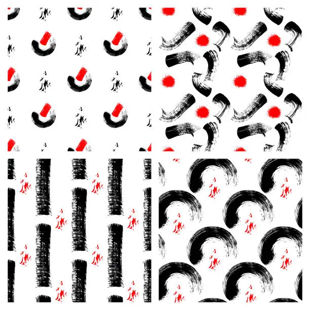 Vector illustration of Set of 4 seamless patterns with ink hand drawn designs. Japanese style vector wallpapers. Oriental ornaments isolated on white backgrounds. Grunge textures.