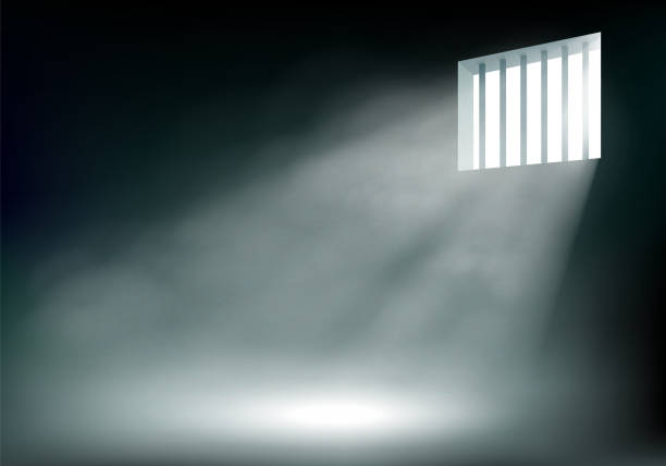 lichtstrahlen durch das metallgefängnis ba - prison cell illustrations stock-grafiken, -clipart, -cartoons und -symbole