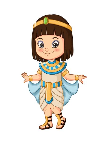 ilustraciones, imágenes clip art, dibujos animados e iconos de stock de niña de dibujos animados con traje de cleopatra egipcia - traje de reina egipcia