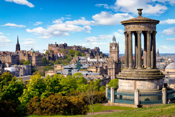 Dugald Stewart Monument and view over historic Edinburgh from Calton Hill, Scotland, UK stock photo