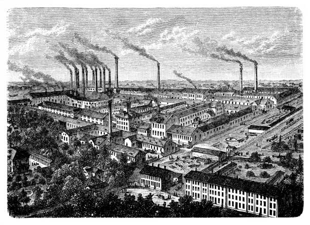 ilustrações, clipart, desenhos animados e ícones de fábrica de ultramarina sintética, nuremberg, alemanha - built structure germany history 19th century style