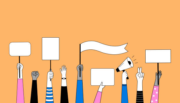 ilustrações de stock, clip art, desenhos animados e ícones de set of hands with posters, a megaphone, signs, banners and placards. - ativista