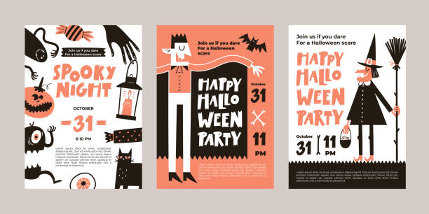 stockillustraties, clipart, cartoons en iconen met vector set of halloween party invitations or greeting cards with handwritten text and traditional symbols. - flyer illustraties