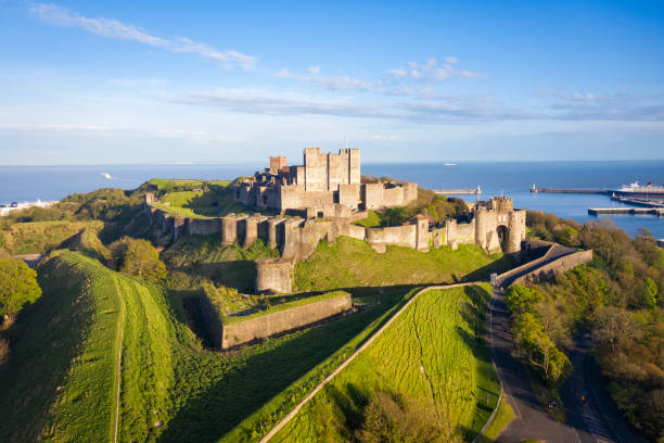 Dover castle Dover, England, United Kingdom - May 10, 2021: Aerial view to Dover castle. anglo saxon photos stock pictures, royalty-free photos & images