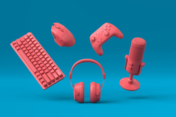 istock Flying gamer gears like mouse, keyboard, joystick, headset, VR, microphone 1337379603