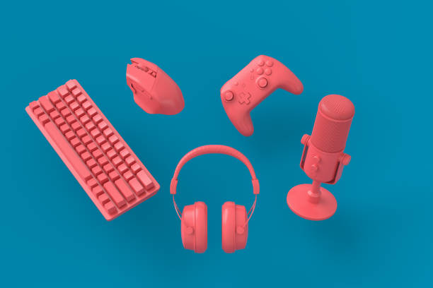 istock Flying gamer gears like mouse, keyboard, joystick, headset, VR, microphone 1337379608