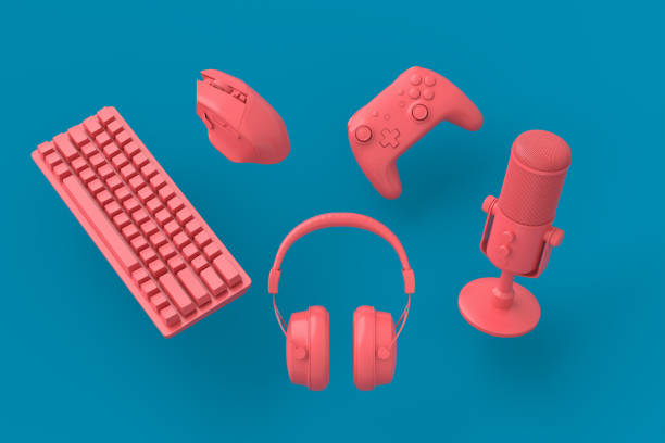 istock Flying gamer gears like mouse, keyboard, joystick, headset, VR, microphone 1337379693