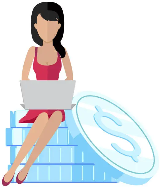 Vector illustration of Lady freelancer works with technology to earn money and receive income. Girl is in business