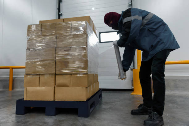 istock Staff wrapping film packaging boxes at cold storage warehouse, Loading goods prepare storage in the freezing room, Warehouse Storage System Service in Export-Import Logistics Business concept 1337381212