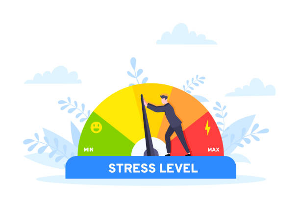 Reduce stress level flat style design concept vector illustration. Reduce stress level flat style design concept vector illustration. Emotion overload, burnout and fatigue from work. Stress level meter gauge emotion stages. Person pushes arrow from maximum to minimum pressure meter stock illustrations