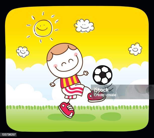 Счастливый Мальчик Играет В Футбол Зеленый Весна Лето Природа Мультяшный — стоковая векторная графика и другие изображения на тему Атлет
