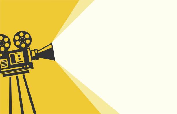 ilustraciones, imágenes clip art, dibujos animados e iconos de stock de fondo vectorial amarillo y blanco con iluminación de cámara anticuada en el trípode - fondo cine