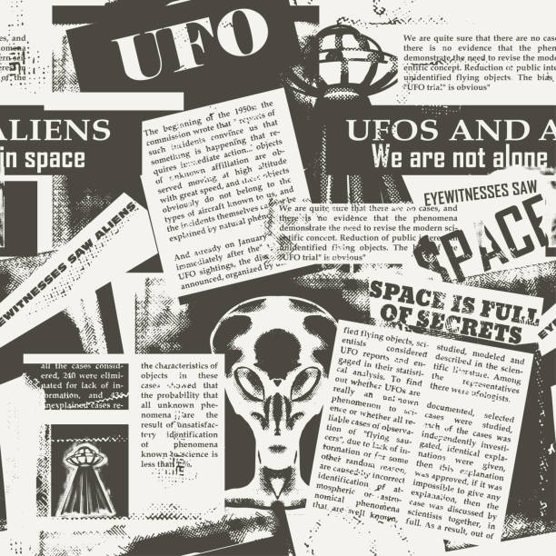 Newspaper print from scraps of articles about aliens. Vintage seamless pattern with a collage of newspaper clippings with articles about UFOs and aliens. Background with old, unreadable text, titles and illustrations on the theme of space. Newspaper print from scraps. extrasolar planet stock illustrations