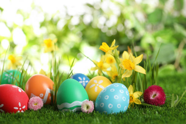istock Colorful Easter eggs and flowers in green grass. Space for text 1337387216
