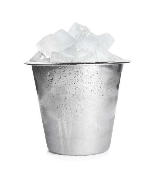 istock Metal bucket with ice cubes isolated on white 1337387388