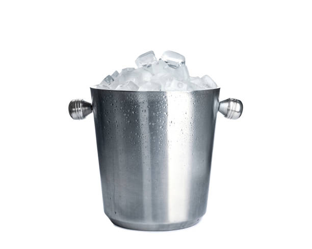 istock Metal bucket with ice cubes isolated on white 1337387529