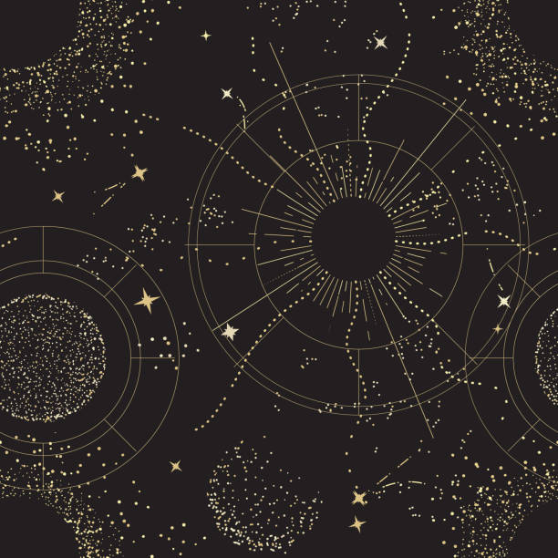 illustrations, cliparts, dessins animés et icônes de fond mystique de l’univers de la galaxie, conception du ciel nocturne. signes de géométrie sacrée  
 constellation, soleil, lune or céleste sans couture motif, imprimé boho - moonlight