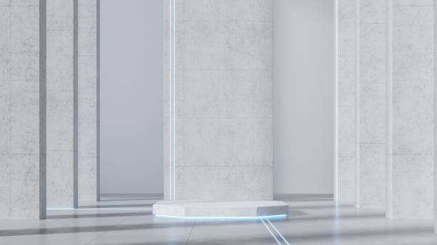 podium en béton dans un intérieur futuriste blanc avec lumière néon et lignes. maquette de technologie d’entreprise pour l’image de marque et la présentation. rendu 3d. illustration 3d. - concrete podium photos et images de collection