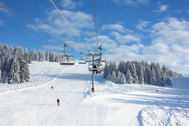 First snow of winter on the empty slopes stock photo