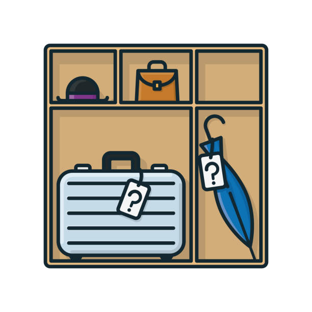 illustrazioni stock, clip art, cartoni animati e icone di tendenza di mensola con valigia, ombrello, cappello e borsa illustrazione vettoriale isolata - ufficio oggetti smarriti