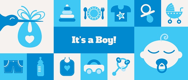 Greeting card / Banner design for a newborn boy season with related icons and symbols. Horizontal format. Modern and minimal design. Blue colors.