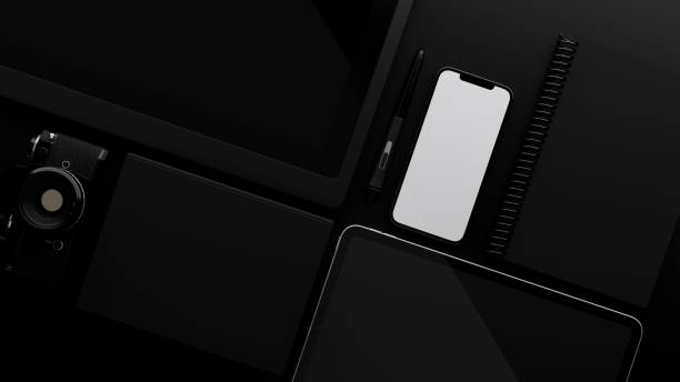 istock Modern digital gadget concept, smartphone blank screen mockup on black background, 3d rendering 1337396248