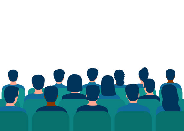 stockillustraties, clipart, cartoons en iconen met lector man in suit speech behind podium on conference with audience in hall. speaker on tribune by leader, businessman, teacher talking before of people spectators. people audience back view. vector - presentatie-toespraak