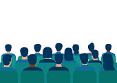 istock Lector man in suit speech behind podium on conference with audience in hall. Speaker on tribune by leader, businessman, teacher talking before of people spectators. People audience back view. Vector 1337396425