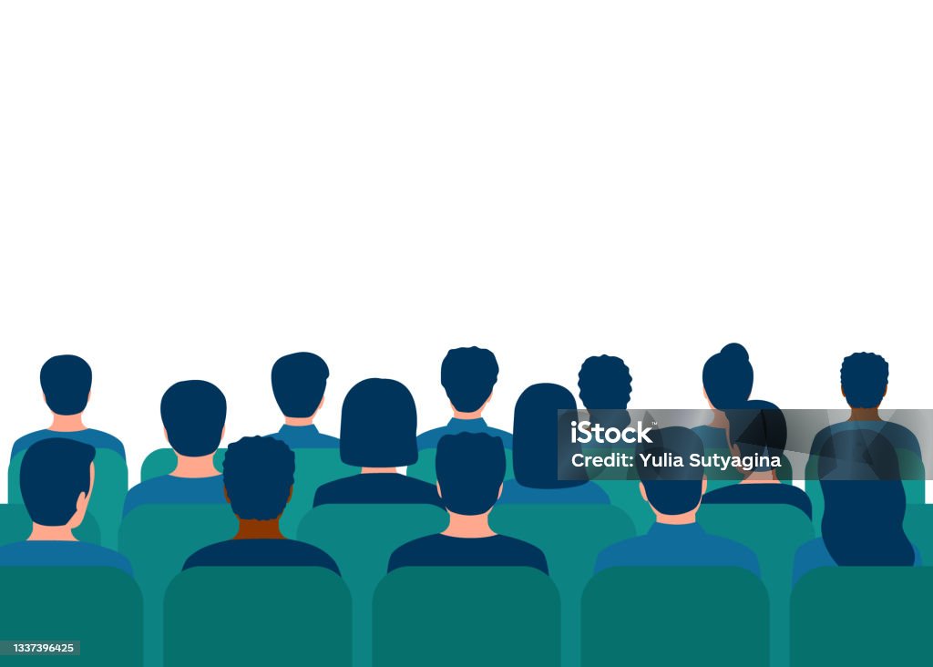 Lector man in suit speech behind podium on conference with audience in hall. Speaker on tribune by leader, businessman, teacher talking before of people spectators. People audience back view. Vector Lector man in suit speech behind podium on conference with audience in hall. Speaker on tribune by leader, businessman, teacher talking before of people spectators. People audience. Vector Audience stock vector