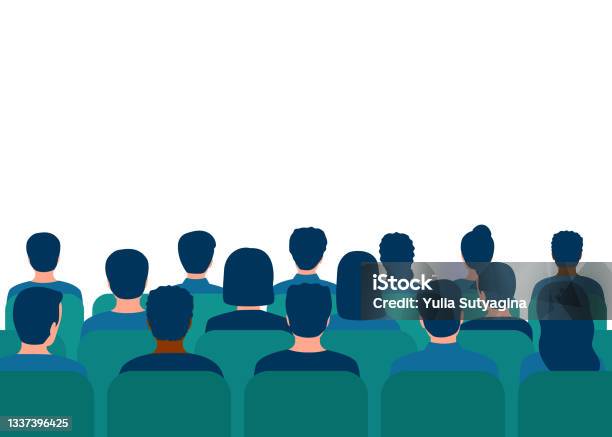 Lector Man In Suit Speech Behind Podium On Conference With Audience In Hall Speaker On Tribune By Leader Businessman Teacher Talking Before Of People Spectators People Audience Back View Vector Stock Illustration - Download Image Now