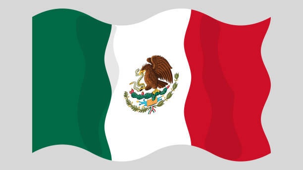 Flying flag of Mexico. Detailed flat vector illustration of a flying flag of Mexico on a light background. Correct aspect ratio. mexican flag stock illustrations