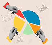 Collage, business concept. Composition with human hands control, taking pieces of muclticolored diagram isolated on light background.