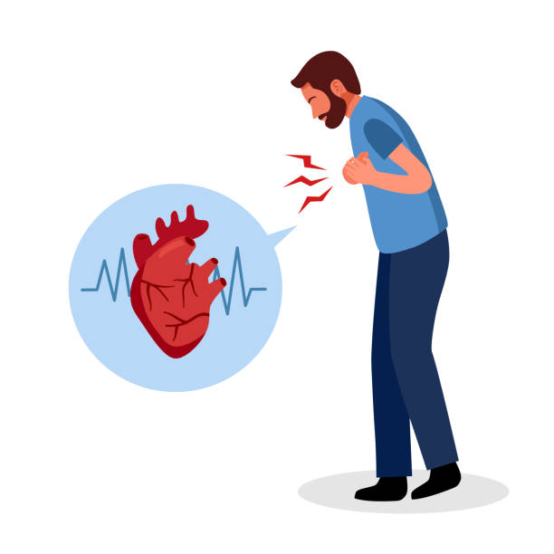man with heart attack symptom in flat design on white background. heart disease concept. - kalp-krizi stock illustrations
