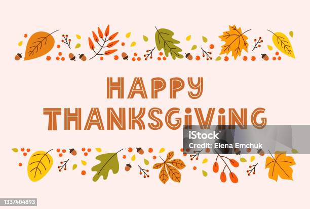 Happy Thanksgiving Day Horizontal Banner Background With Seasonal Leaves And Lettering On Pastel Background Stock Illustration - Download Image Now