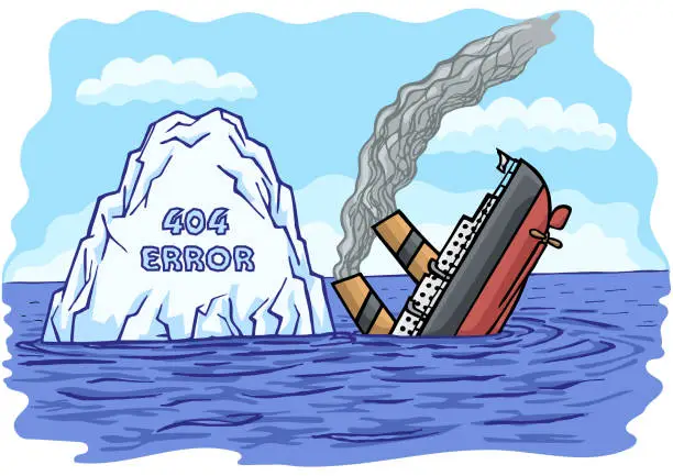 Vector illustration of The big passenger ship collided with an iceberg and sank into the sea.