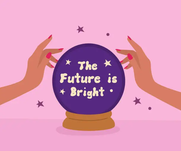 Vector illustration of Magic Crystal ball and women hands. The future is bright. Vector