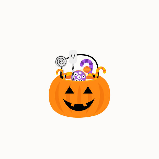 halloween. kürbiskorb mit süßigkeiten. süßigkeiten und süßer korb. vektor - kürbis stock-grafiken, -clipart, -cartoons und -symbole