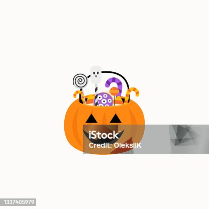 istock Halloween. Pumpkin Basket with candies. Candy and sweet basket. Vector 1337405979