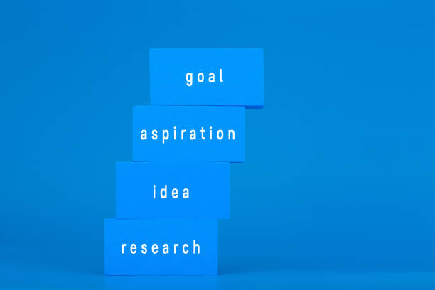 istock Business idea development concept. Ladder made of blue rectangles with text against blue background 1337406062