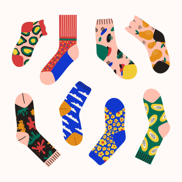 ilustraciones, imágenes clip art, dibujos animados e iconos de stock de juego de moda de calcetines brillantes de colores aislados sobre fondo blanco - sock wool multi colored isolated