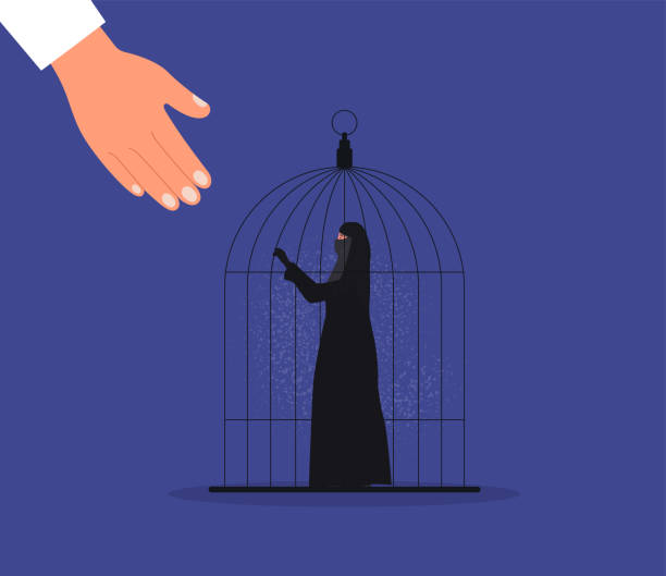 Woman wearing burqa. Muslim woman in a cage. Help hand. Vector Woman wearing burqa. Muslim woman in a cage. Help hand. Vector illustration burka stock illustrations