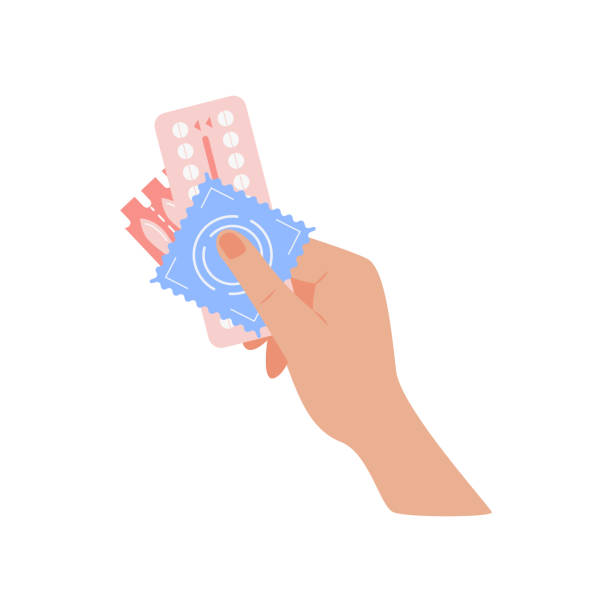 stockillustraties, clipart, cartoons en iconen met person holding in hand different types of contraception. birth control methods concept. condom and hormonal contraceptive pills for safe sex. vector flat illustration isolated on white background. - anticonceptie