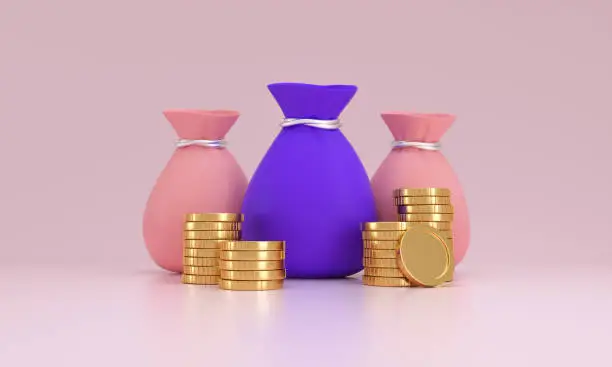 Money bags and stacks of golden coins on pink background. saving bank concept. 3d rendering.