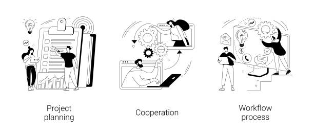 Business process abstract concept vector illustrations. Business process abstract concept vector illustration set. Project planning, cooperation, workflow process, business analysis, vision and scope, boost productivity, partnership abstract metaphor. agile workflow stock illustrations