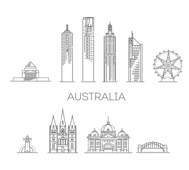 オーストラリアの建築線のスカイラインイラスト。有名なランドマークを持つ線形ベクトル都市景観 - melbourne skyline city australia点のイラスト素材／クリップアート素材／マンガ素材／アイコン素材